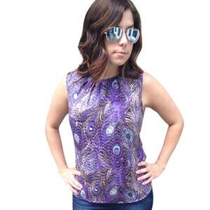 Tory Burch Purple Peacock Print Silk Blouse